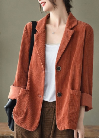 Løse Oransje Gule Knappelommer Peter Pan Collar Corduroy Coat Langermet