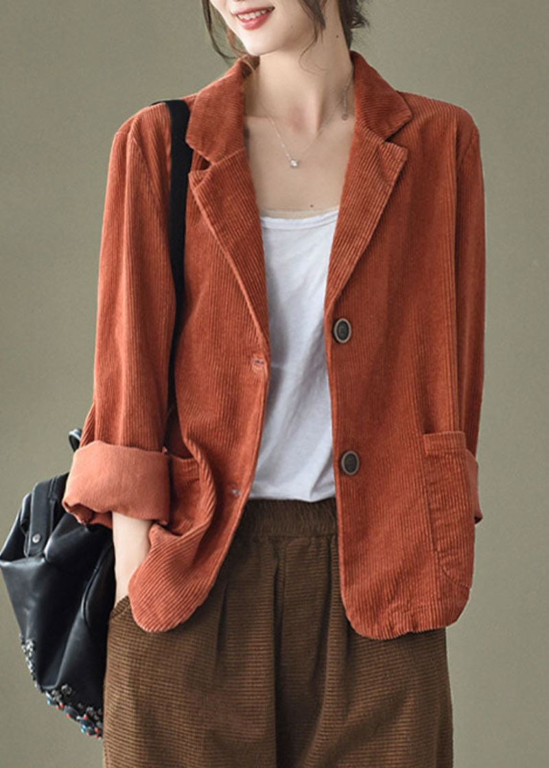 Løse Oransje Gule Knappelommer Peter Pan Collar Corduroy Coat Langermet - Oransje Gul