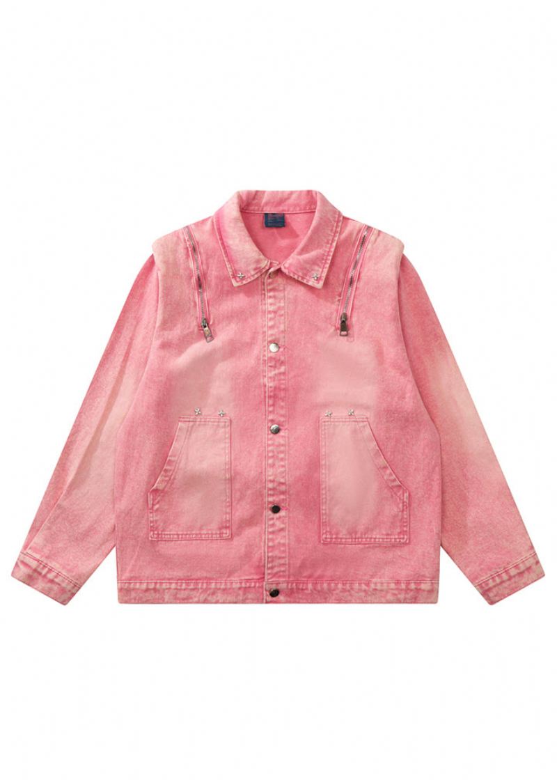 Løse Rosa Knappelommer Patchwork Denimkåper I Unisex-stil Høst - Vinterfrakker for kvinner