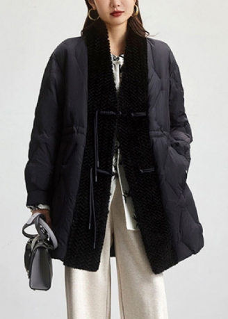 Løse Svarte Knappelommer Patchwork Duck Down Coats Spring