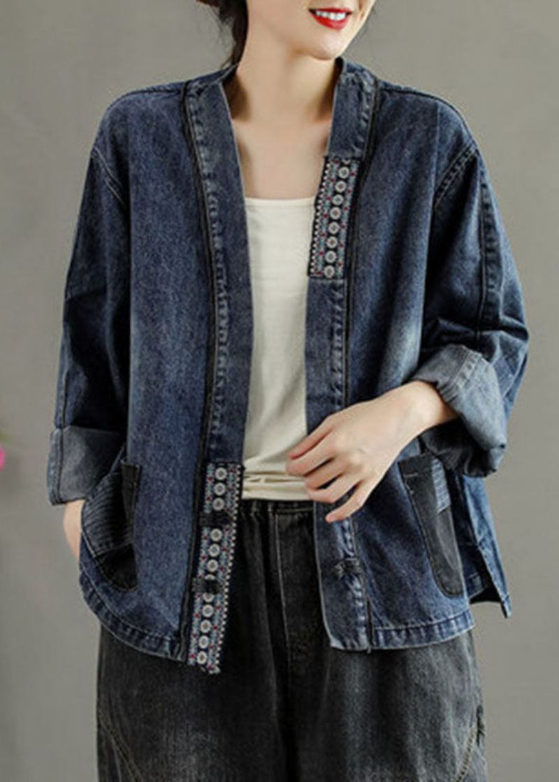 Luksus Svarte Broderte Lommer Button Patchwork Fall Denim Coat