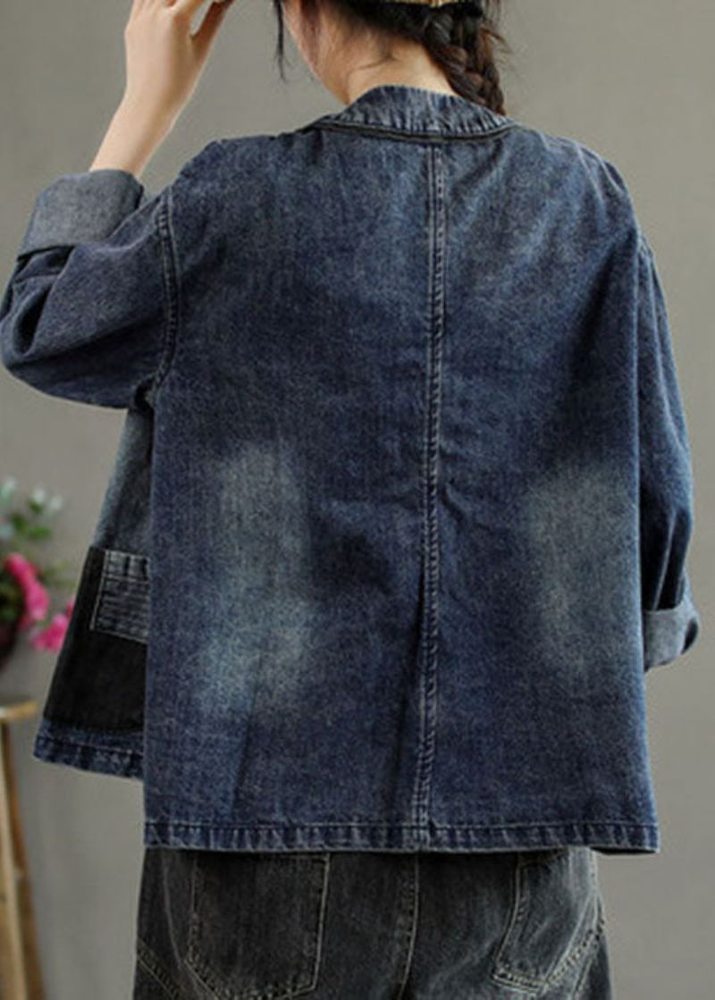 Luksus Svarte Broderte Lommer Button Patchwork Fall Denim Coat - Svart