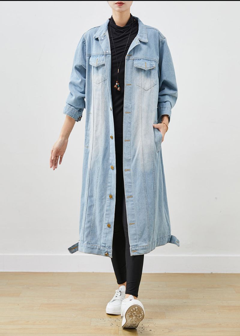 Lyseblå Denim Trench Oversized Button Down Spring - Vinterfrakker for kvinner