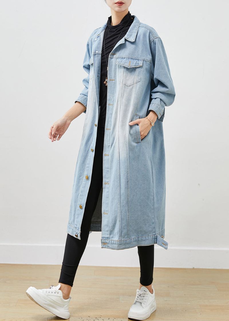 Lyseblå Denim Trench Oversized Button Down Spring - Vinterfrakker for kvinner