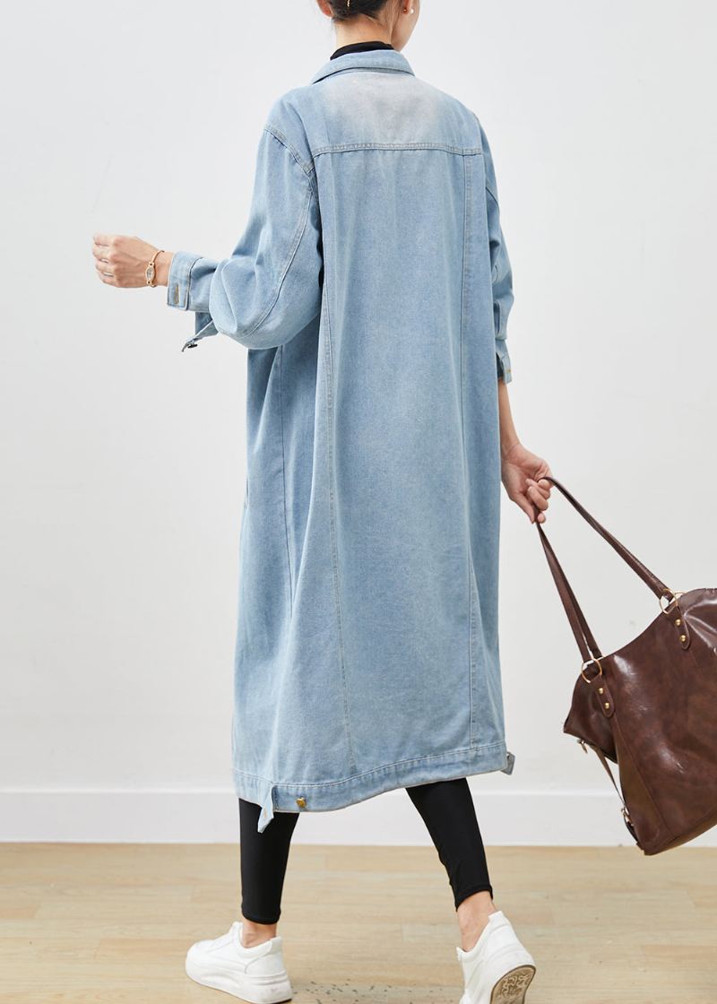 Lyseblå Denim Trench Oversized Button Down Spring - Vinterfrakker for kvinner