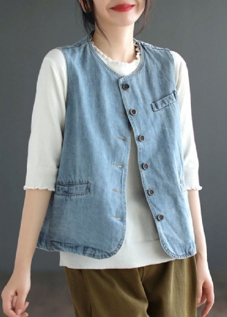 Lyseblå O-hals Knapp Denim Vest