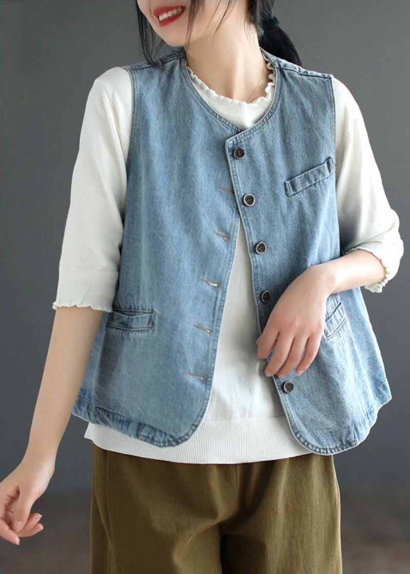 Lyseblå O-hals Knapp Denim Vest - Lyseblå