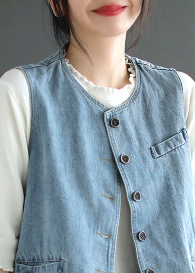 Lyseblå O-hals Knapp Denim Vest - Lyseblå