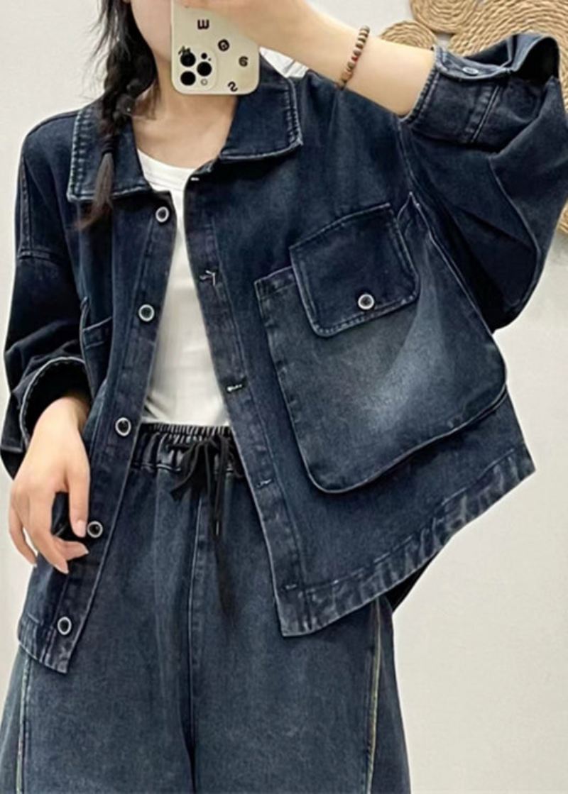 Moderne Blå Knapplommer Patchwork Denim Coat Fall