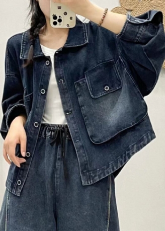 Moderne Blå Knapplommer Patchwork Denim Coat Fall