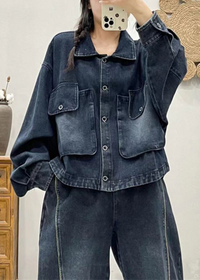 Moderne Blå Knapplommer Patchwork Denim Coat Fall - Vinterfrakker for kvinner