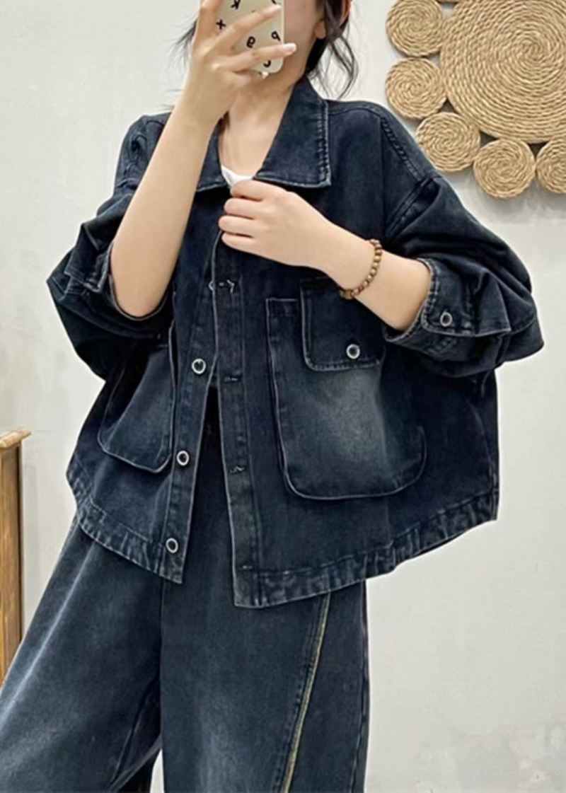 Moderne Blå Knapplommer Patchwork Denim Coat Fall - Vinterfrakker for kvinner