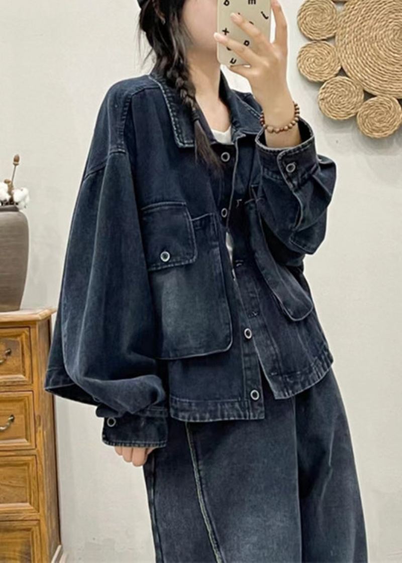 Moderne Blå Knapplommer Patchwork Denim Coat Fall - Vinterfrakker for kvinner