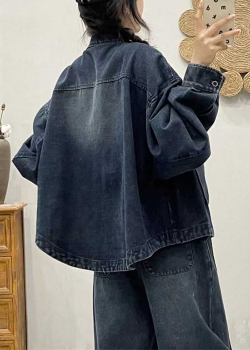 Moderne Blå Knapplommer Patchwork Denim Coat Fall - Vinterfrakker for kvinner