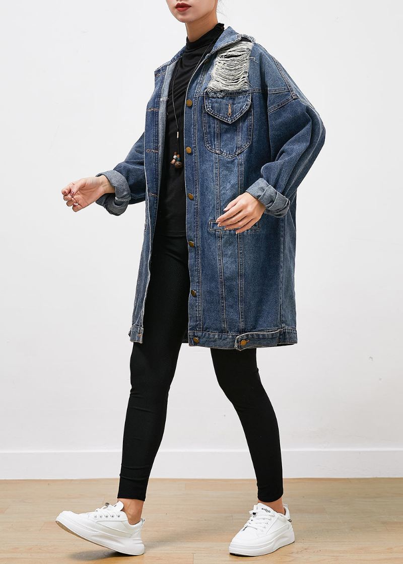 Moderne Blå Oversized Denim Ripped Coat Outwear Høst