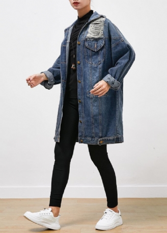 Moderne Blå Oversized Denim Ripped Coat Outwear Høst