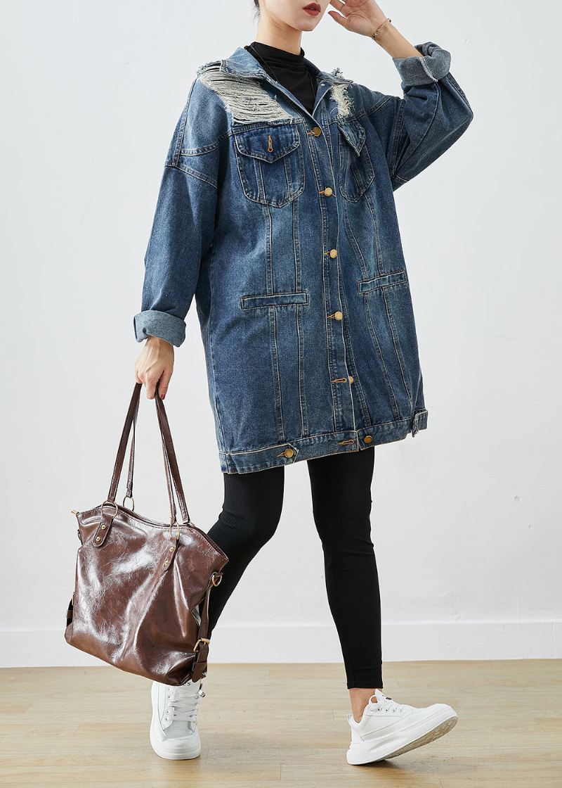 Moderne Blå Oversized Denim Ripped Coat Outwear Høst - Vinterfrakker for kvinner