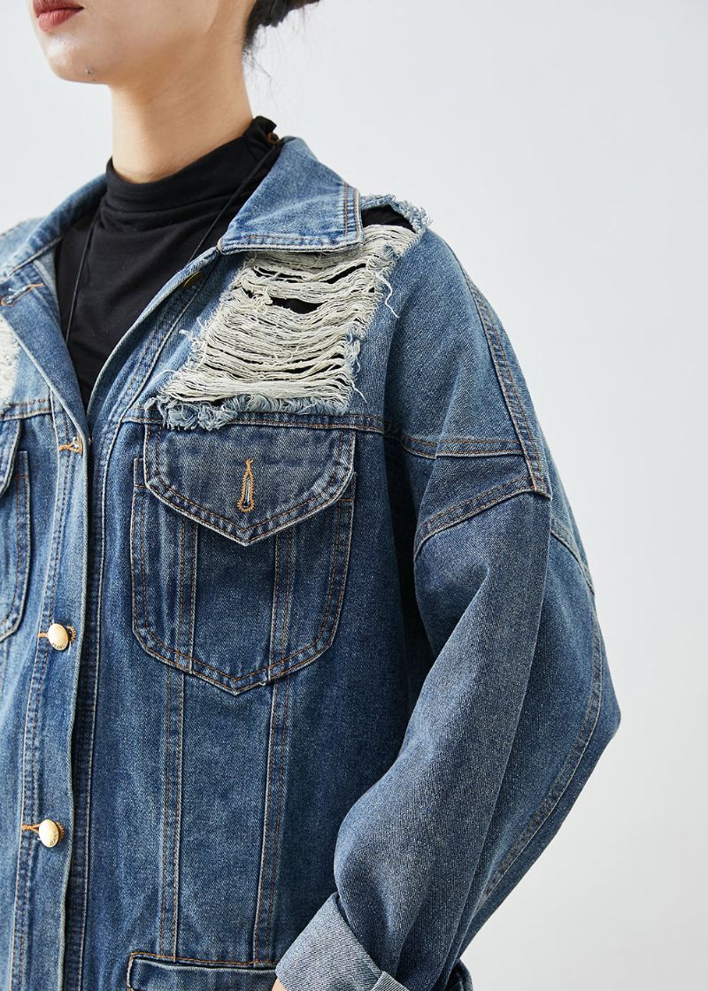 Moderne Blå Oversized Denim Ripped Coat Outwear Høst - Vinterfrakker for kvinner