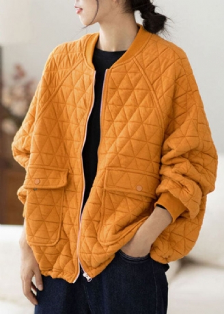 Moderne Gule Lommer Med O-hals Rutete Patchwork Fleece Frakk Høst