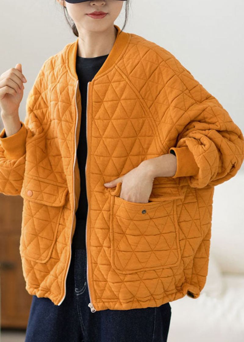 Moderne Gule Lommer Med O-hals Rutete Patchwork Fleece Frakk Høst - Gul