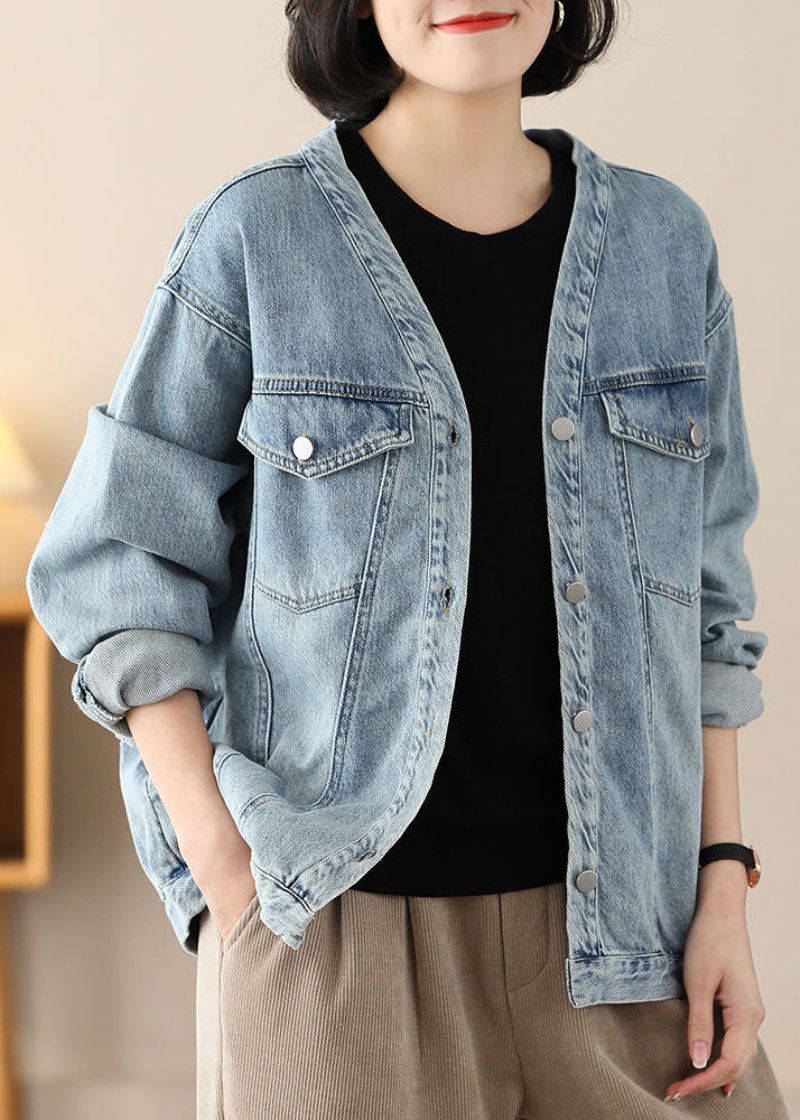 Moderne Lyseblå V-hals Oversized Cotton Denim Coats Spring