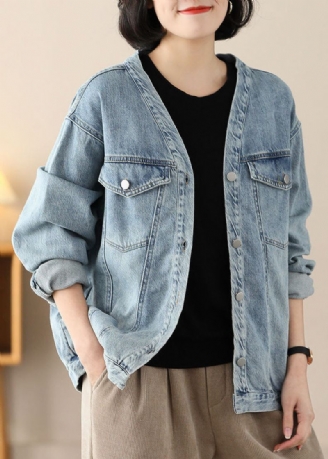 Moderne Lyseblå V-hals Oversized Cotton Denim Coats Spring