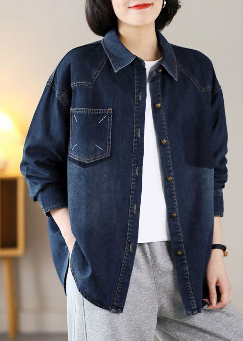 Moderne Marineblå Overdimensjonerte Broderte Varm Fleece-denimjakker Vår