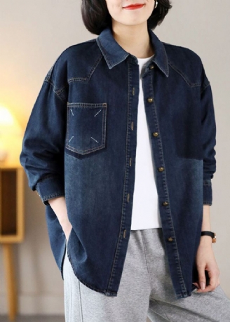 Moderne Marineblå Overdimensjonerte Broderte Varm Fleece-denimjakker Vår