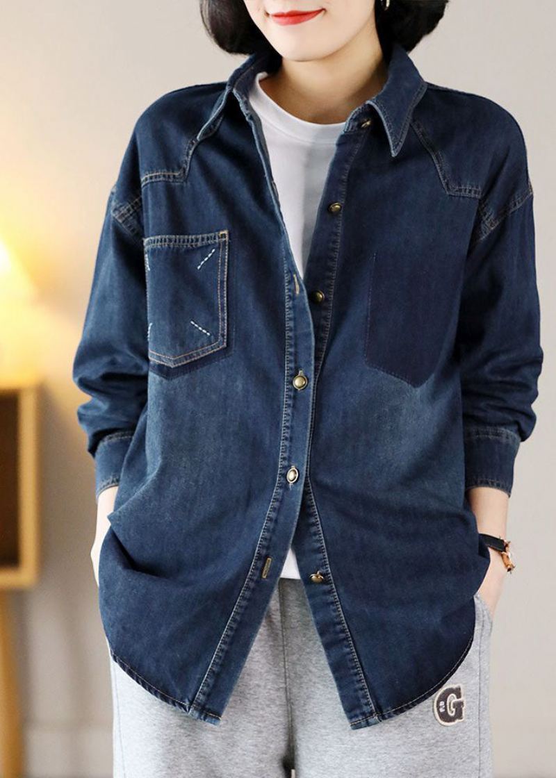 Moderne Marineblå Overdimensjonerte Broderte Varm Fleece-denimjakker Vår - Vinterfrakker for kvinner