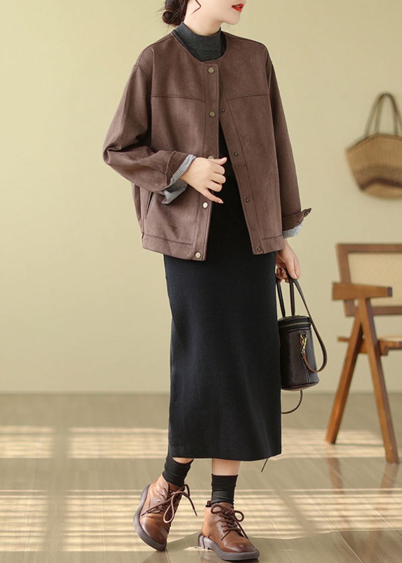 Moderne Sjokolade Oversized Faux Suede Coats Spring - Vinterfrakker for kvinner