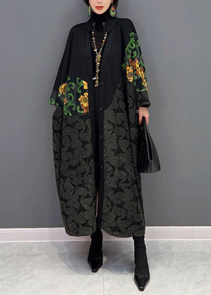 Moderne Svart Snøring Oversized Patchwork Print Coats Spring