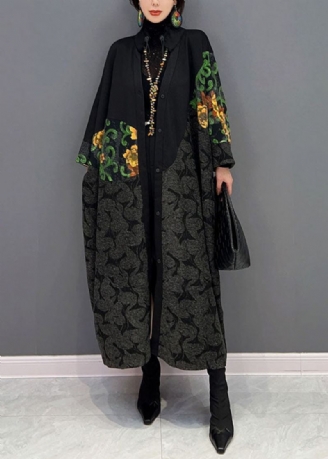 Moderne Svart Snøring Oversized Patchwork Print Coats Spring