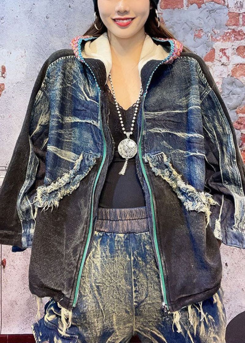 Montert Svart Hette Patchwork Fall Denim Langermet Kåpe