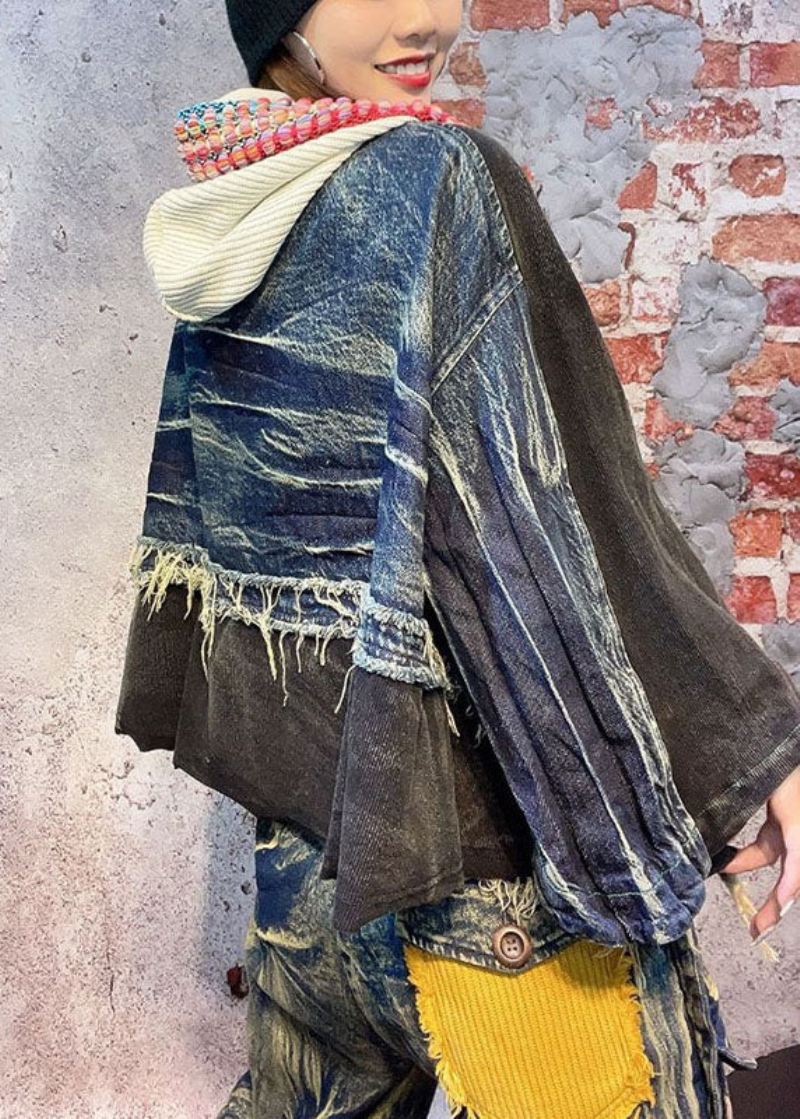 Montert Svart Hette Patchwork Fall Denim Langermet Kåpe - Svart