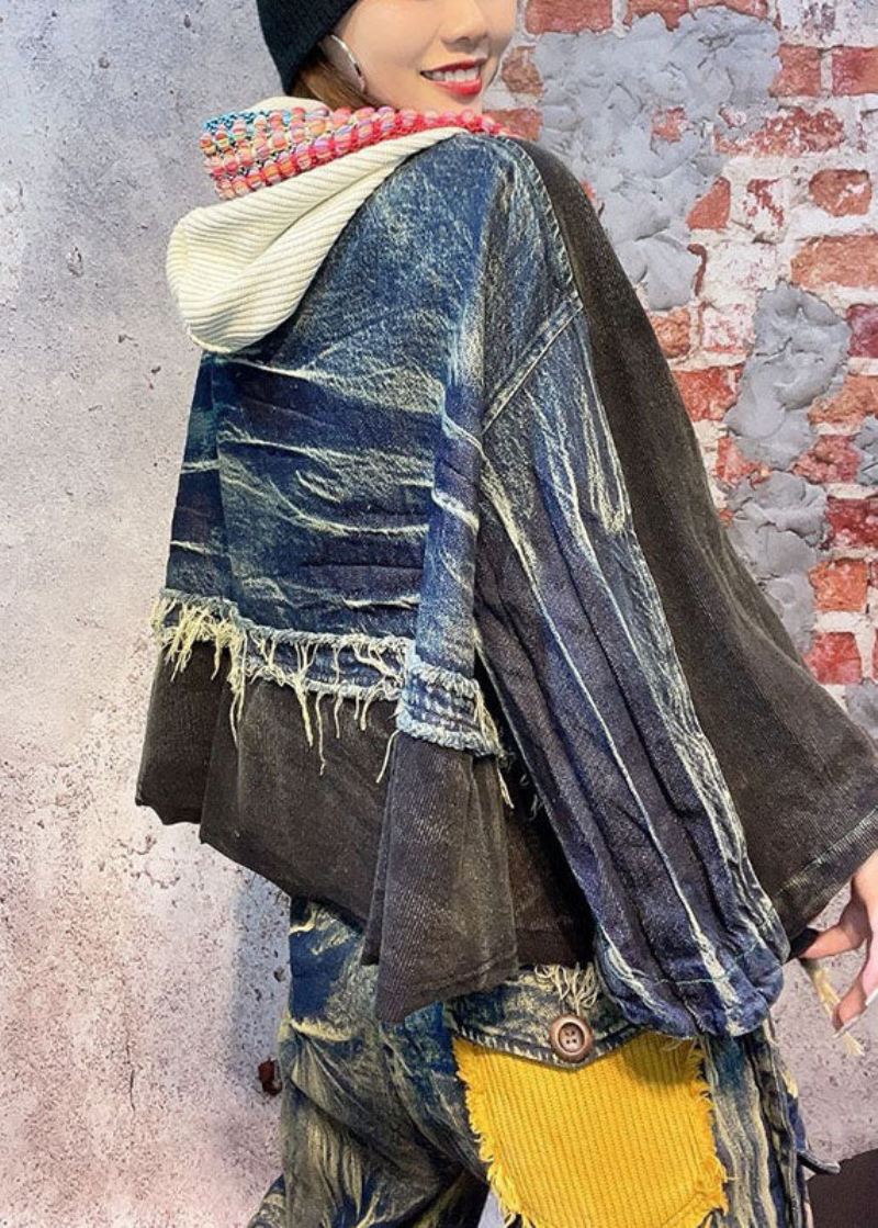 Montert Svart Hette Patchwork Fall Denim Langermet Kåpe - Svart