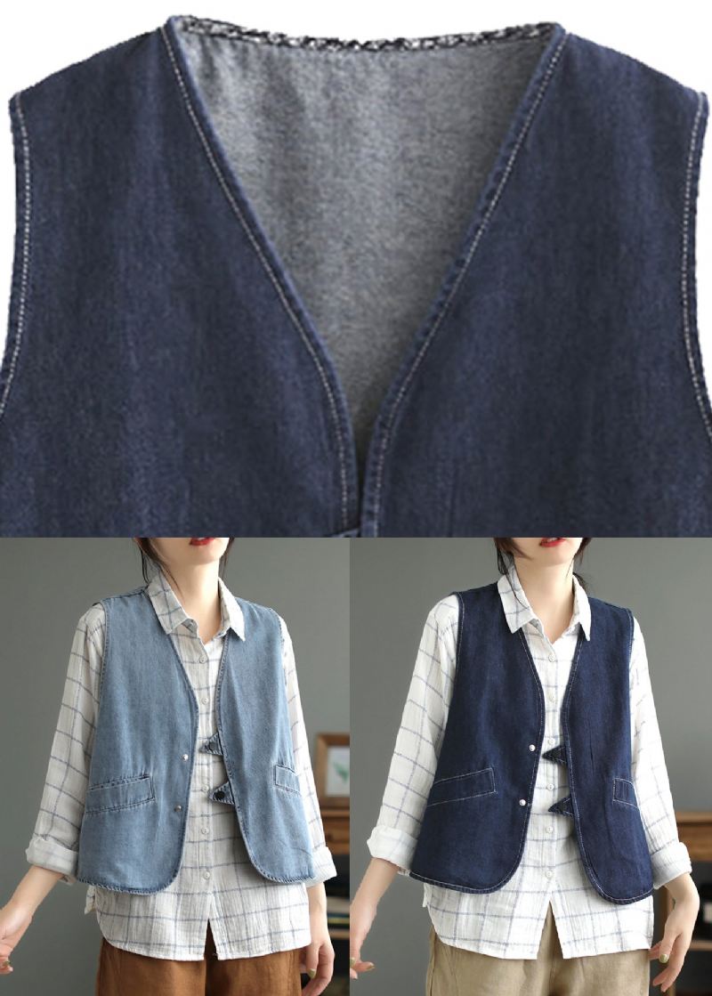 Mørkeblå Lommer Patchwork Denimvest Ermeløs - Mørkeblå