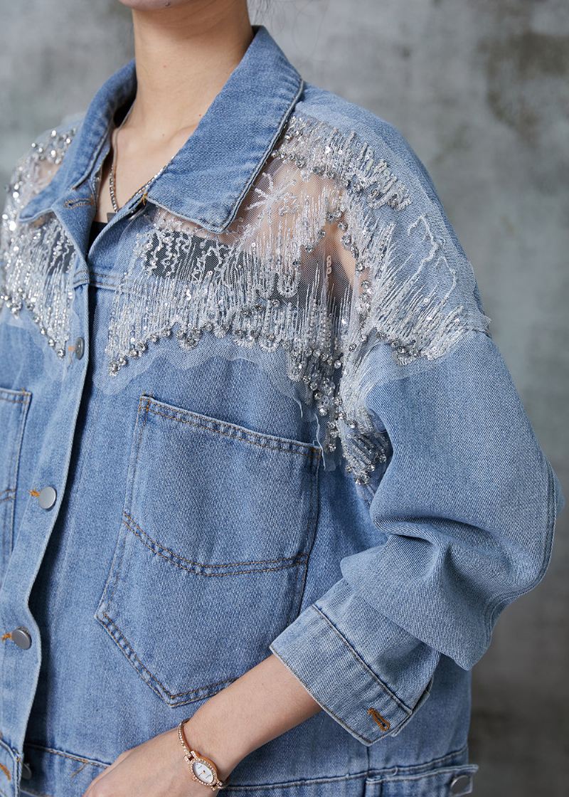 Mote Blue Hollow Out Lommer Denim Coats Spring - Vinterfrakker for kvinner