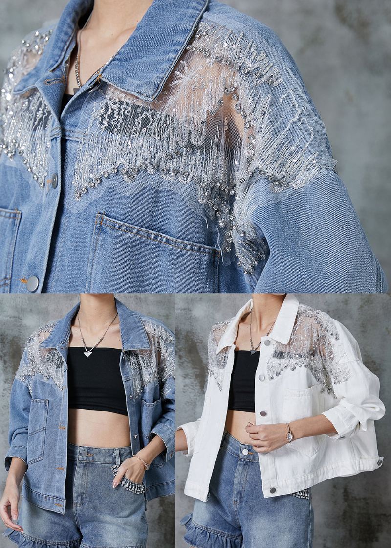 Mote Blue Hollow Out Lommer Denim Coats Spring - Vinterfrakker for kvinner