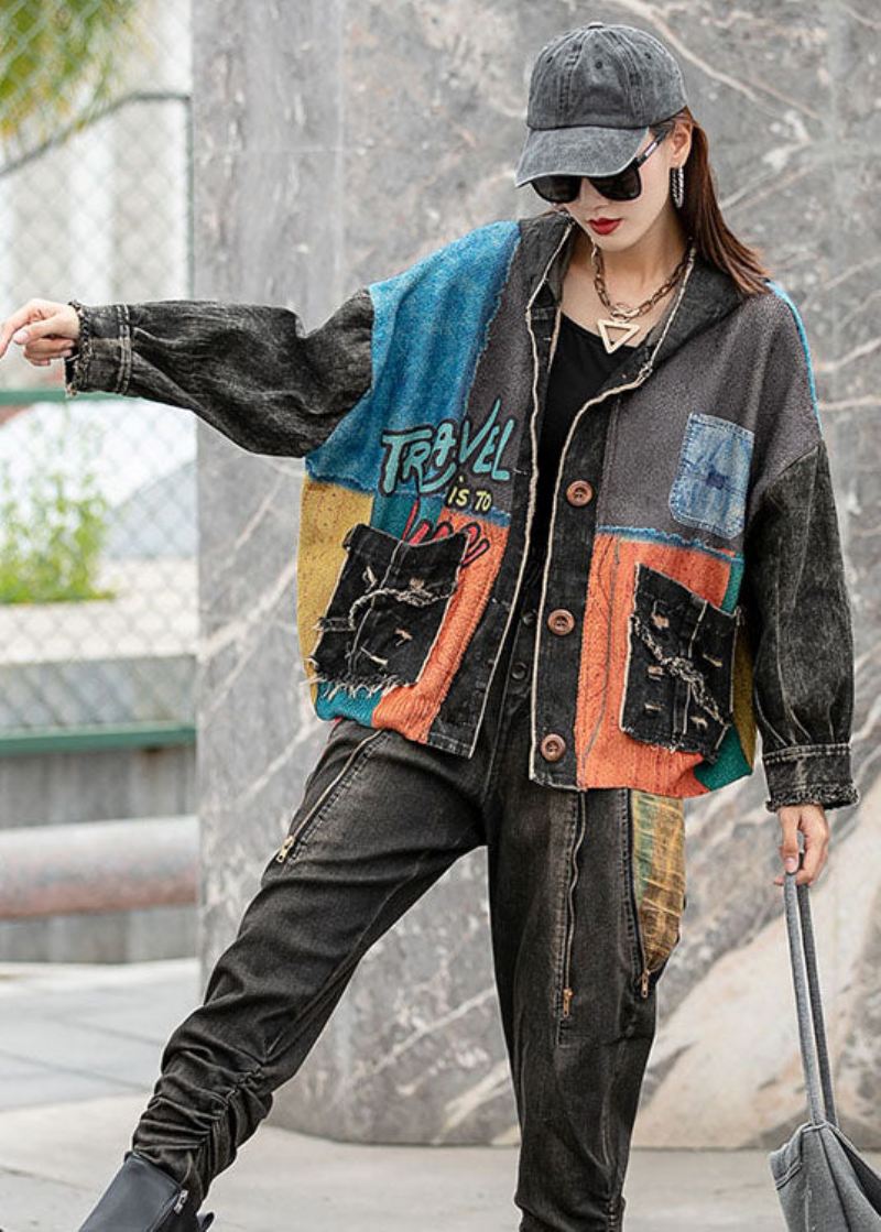 Mote Denim Løs Patchwork Print Lommer Fall Long Sleeve Coat