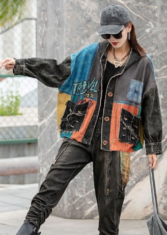 Mote Denim Løs Patchwork Print Lommer Fall Long Sleeve Coat