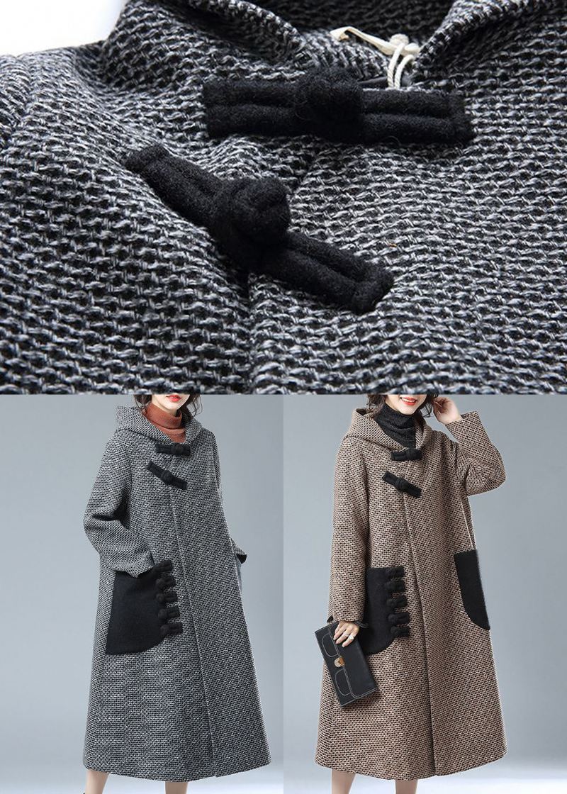 Mote Grå Hettelommer Patchwork Ull Trench Coats Vinter - Grå