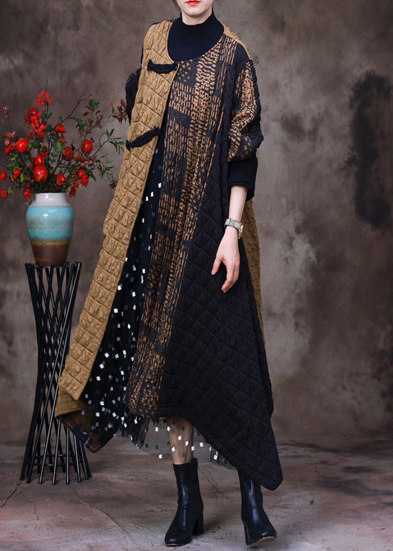 Mote Gul Patchwork Svart Asymmetrisk O-hals Tykk Maxi Coat Langermet