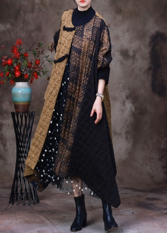 Mote Gul Patchwork Svart Asymmetrisk O-hals Tykk Maxi Coat Langermet