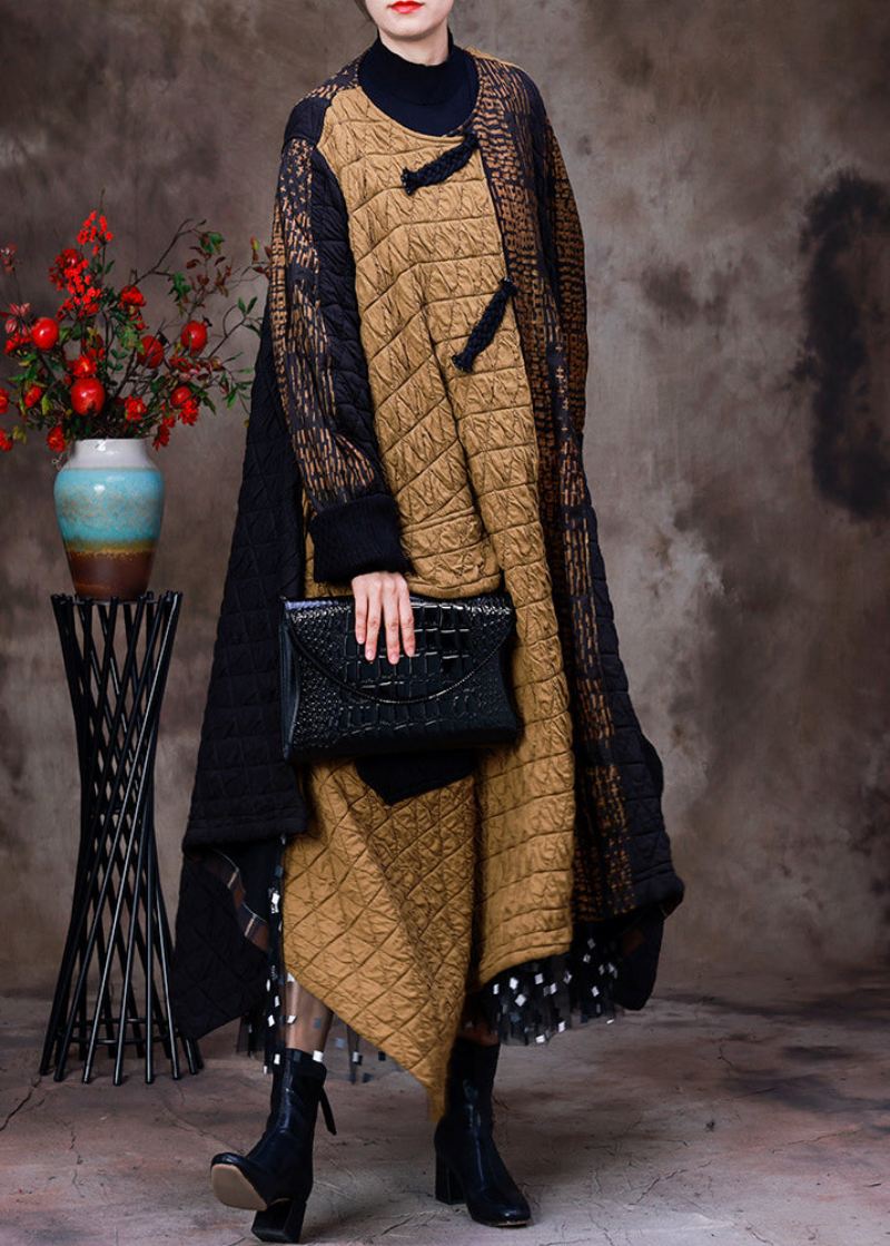 Mote Gul Patchwork Svart Asymmetrisk O-hals Tykk Maxi Coat Langermet - Vinterfrakker for kvinner