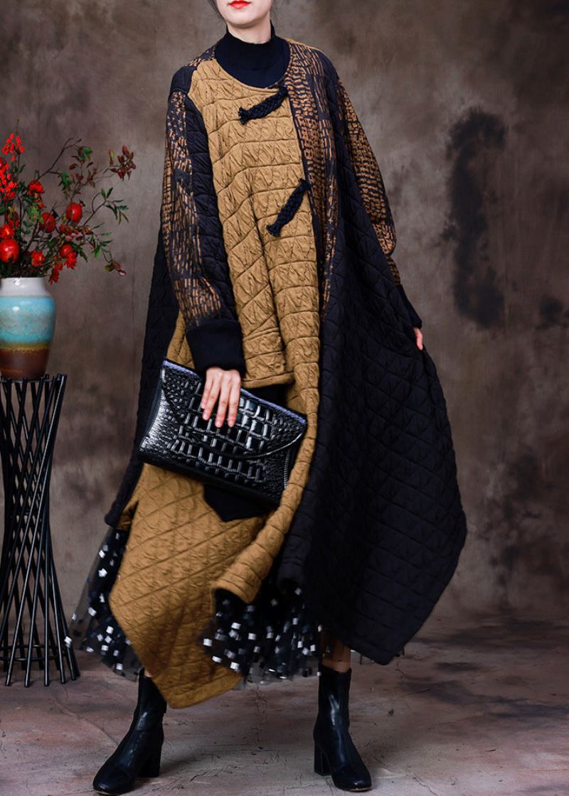 Mote Gul Patchwork Svart Asymmetrisk O-hals Tykk Maxi Coat Langermet - Vinterfrakker for kvinner