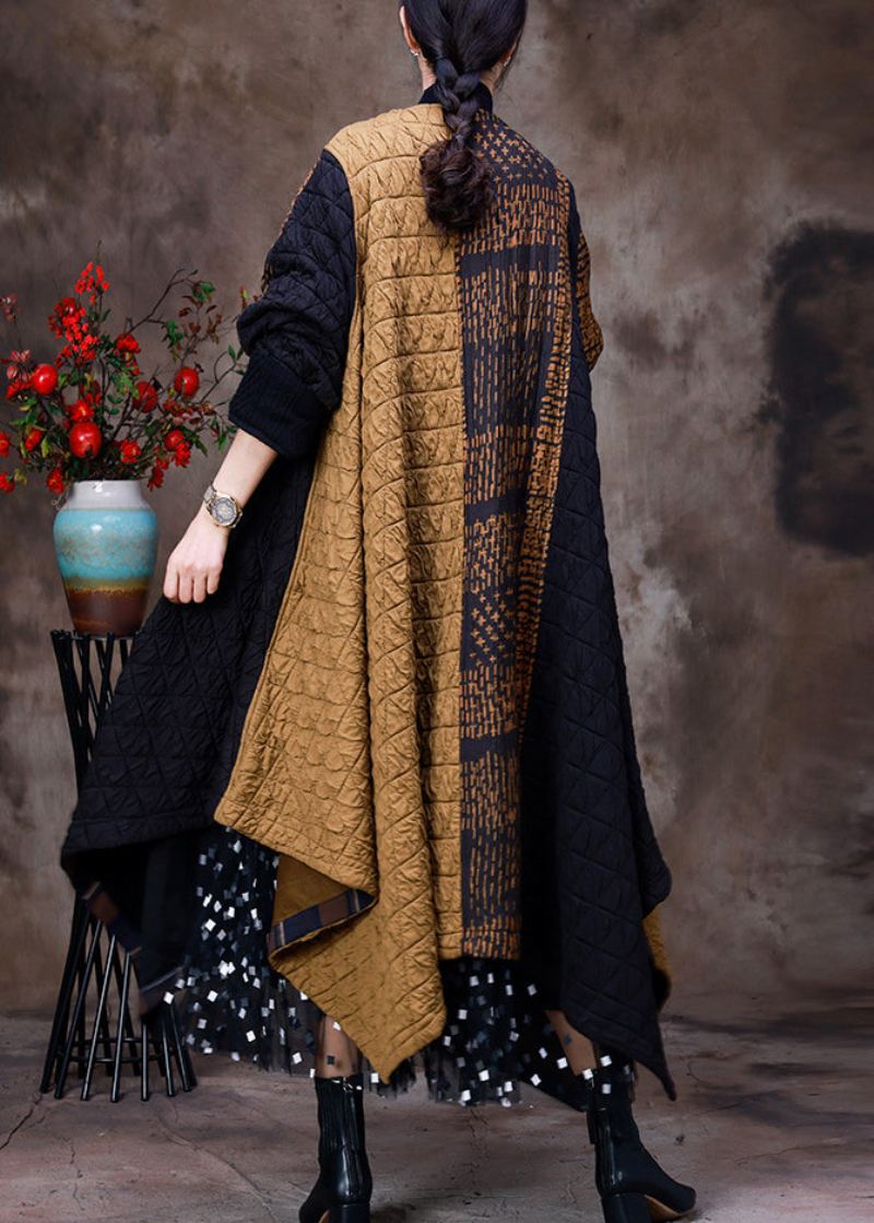 Mote Gul Patchwork Svart Asymmetrisk O-hals Tykk Maxi Coat Langermet - Vinterfrakker for kvinner