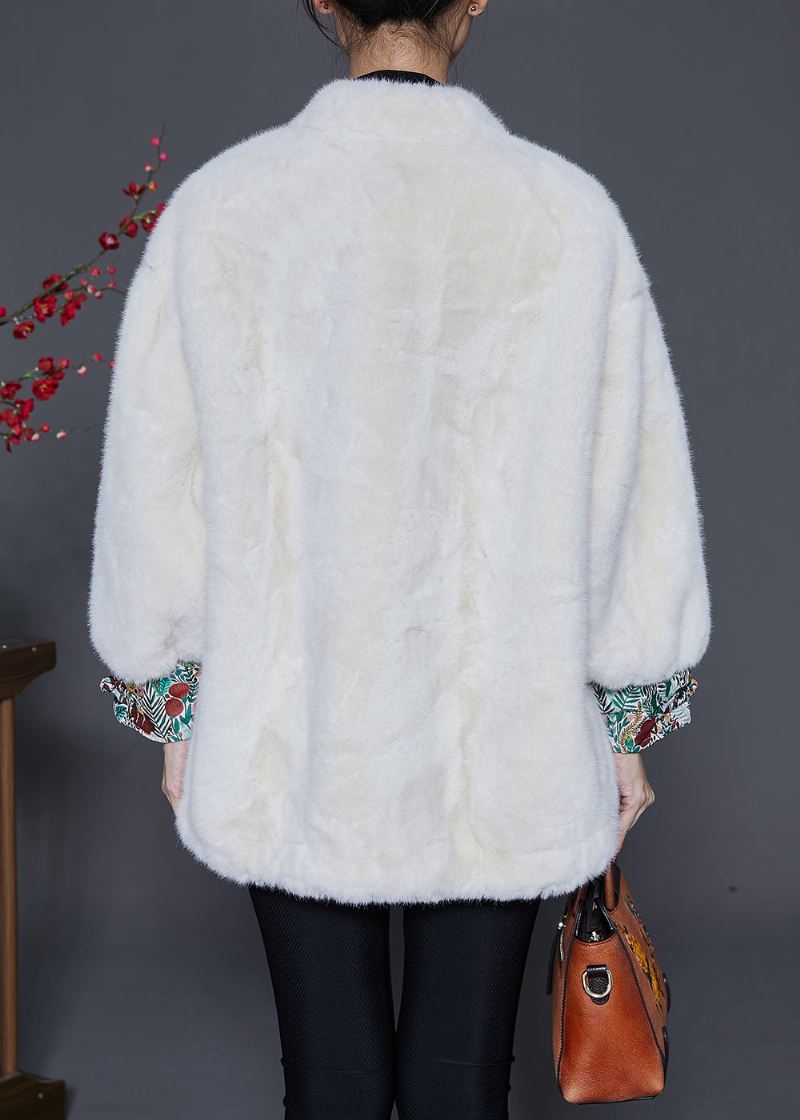 Mote Hvit Oversized Patchwork Kinesisk Button Faux Fur Jacket Vinter - Vinterfrakker for kvinner