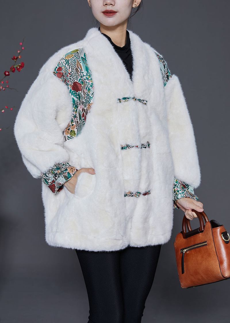 Mote Hvit Oversized Patchwork Kinesisk Button Faux Fur Jacket Vinter - Vinterfrakker for kvinner