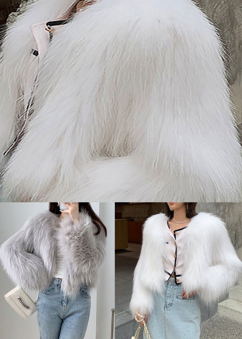 Mote Hvit V-hals Patchwork Faux Fur Coat Vinter - Vinterfrakker for kvinner