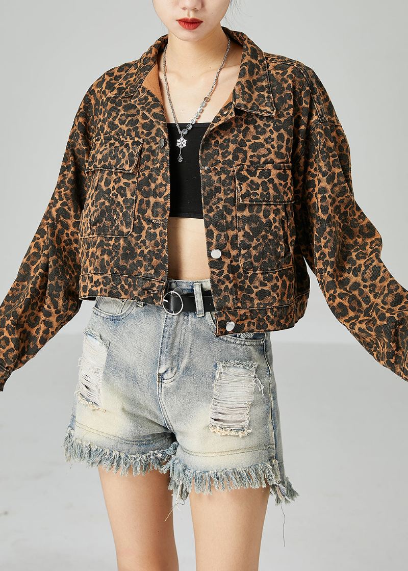 Mote Kaffe Peter Pan Krage Leopard Print Lommer Bomull Coats Spring - Vinterfrakker for kvinner